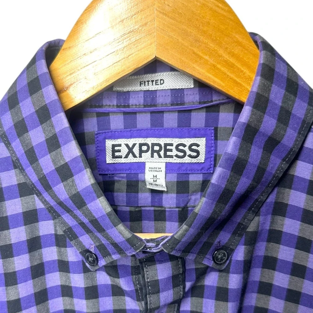 Express Mens Fitted Gingham Check Button Down Long‎ Sleeve Shirt Size M